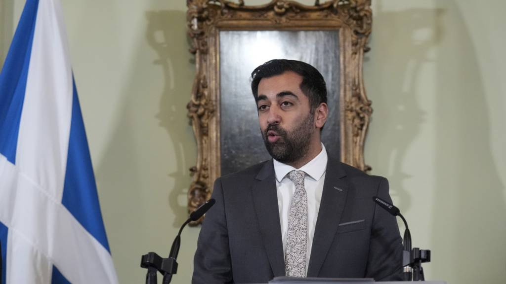 Yousaf speaking at the press conference at Bute House on 29 April