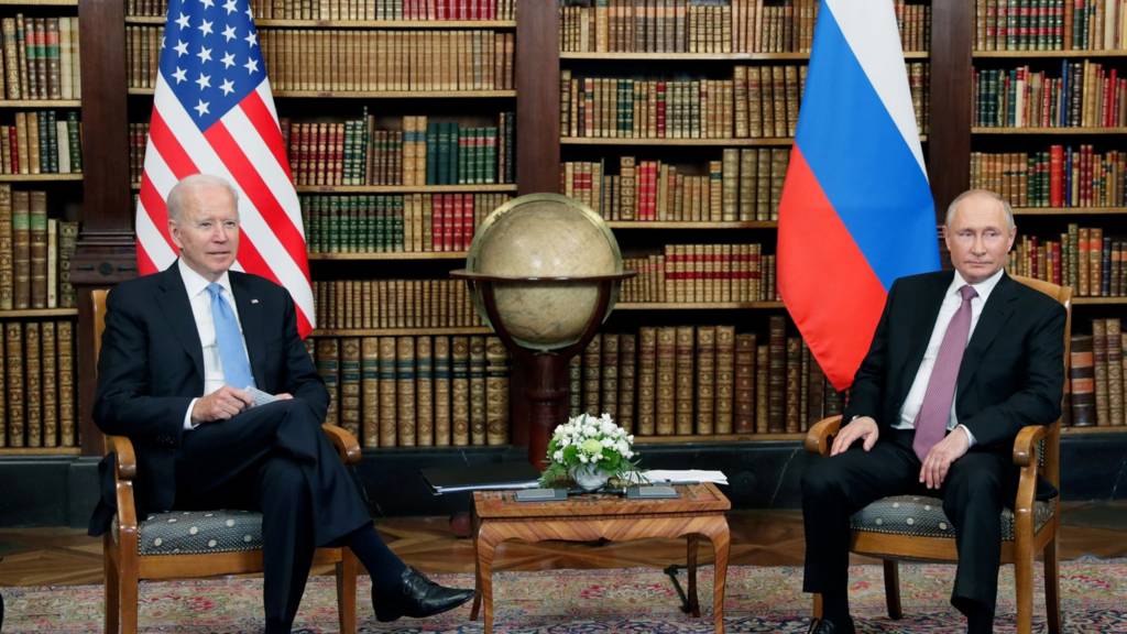 Russian President Vladimir Putin and U.S. President Joe Biden attend a meeting at Villa La Grange in Geneva, Switzerland June 16, 2021