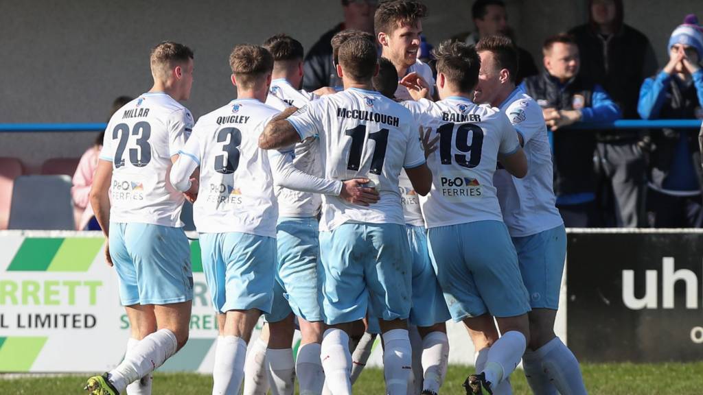Ballymena United celebrate a goal at Coleraine