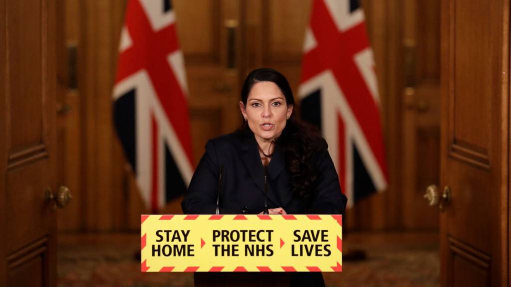 Home Secretary Priti Patel speaks at a coronavirus disease (COVID-19) related news conference at Downing Street, in London, Britain, 21 January 2021.