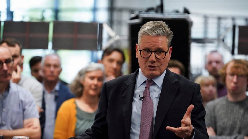 British opposition Labour Party leader Keir Starmer speaks during a Labour general election campaign event at Airbus Defence and Space, in Stevenage, Britain, May 28, 2024.