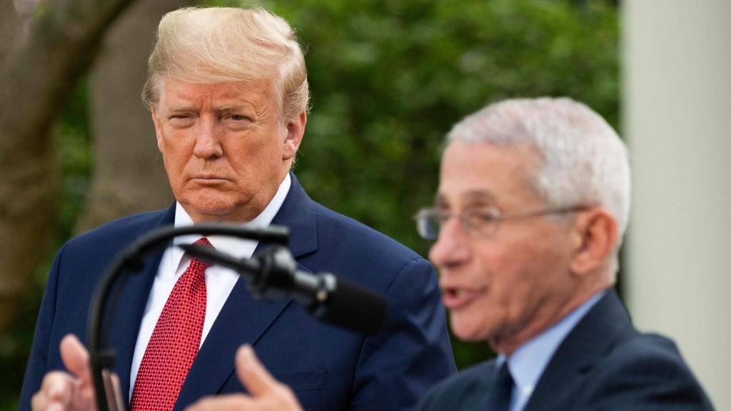 US President Donald Trump listens as Director of the National Institute of Allergy and Infectious Diseases Dr. Anthony Fauci speaks during a Coronavirus Task Force press briefing in the Rose Garden of the White House in Washington, DC, on March 29, 2020