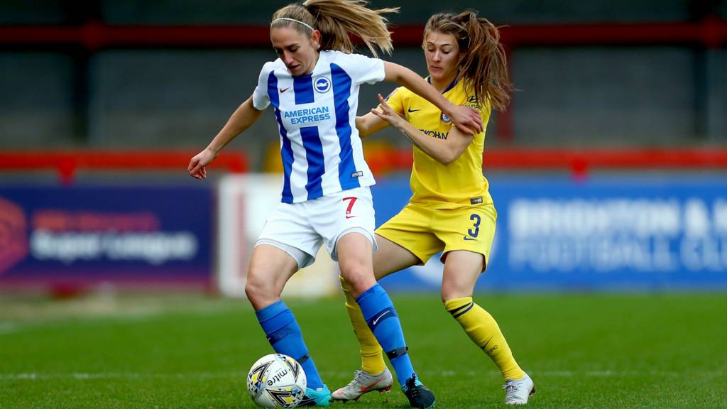 Aileen Whelan of Brighton and Hove Albion Women tackles with Hannah Blundell of Chelsea Women