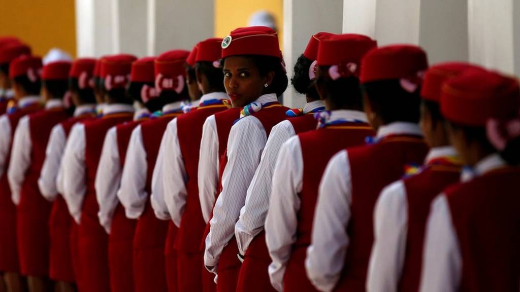 Stewardesses stand in line during the inauguration of the new train line linking Addis Ababa to the Red Sea state of Djibouti, in Addis Ababa, Ethiopia - Wednesday 5 October 2016