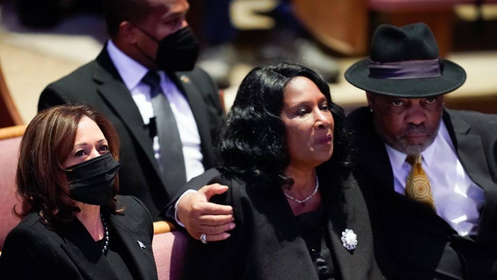US Vice President Kamala Harris sits with RowVaughn Wells and Rodney Wells during the funeral service for Wells' son Tyre Nichols at Mississippi Boulevard Christian Church on February 1, 2023 in Memphis, Tennessee