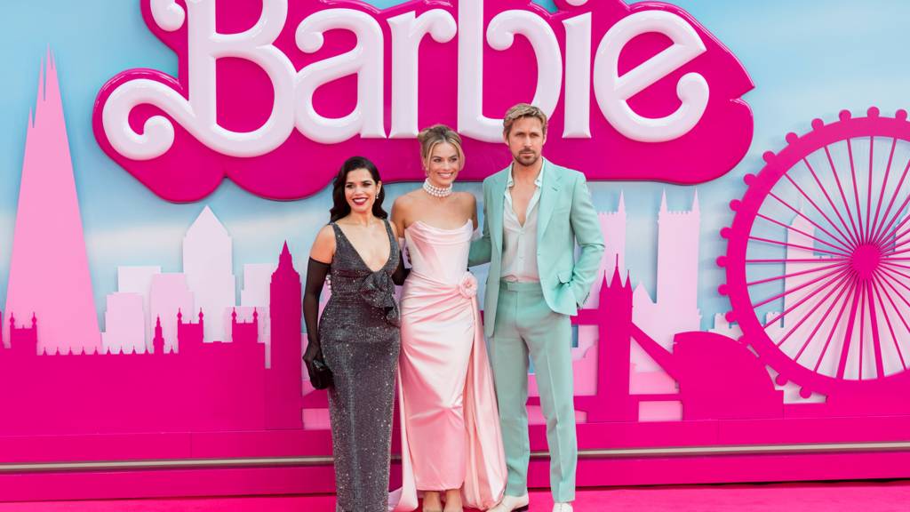 America Ferrera, Margot Robbie and Ryan Gosling attend the European premiere of 'Barbie' at the Cineworld Leicester Square in London, United Kingdom on 12 July 2023