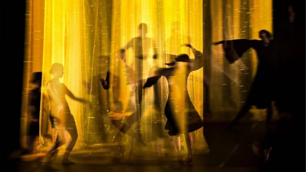 A multiple exposure photo of dancers from the Skopje Dance Theatre performing Lady Macbeth by Risima Risimkin during Skopje's Dance Fest, in the Republic of North Macedonia.