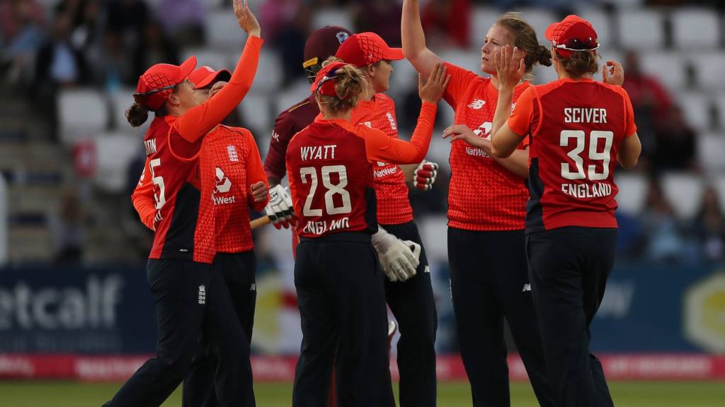 England players celebrate taking a wicket