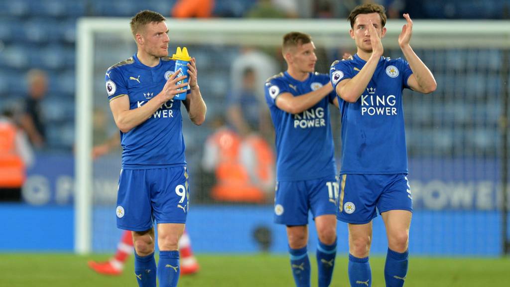 Leicester City's Jamie Vardy, Marc Albrighton and Ben Chilwell