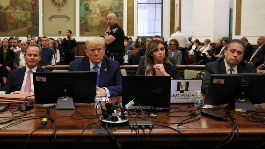 Former U.S. President Donald Trump, lawyers Alina Habba, Christopher Kise and Clifford Robert attend the Trump Organization civil fraud trial, in New York State Supreme Court in the Manhattan borough of New York City