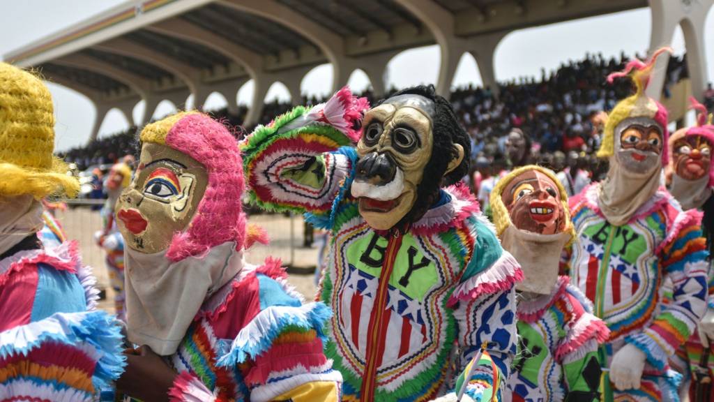 Dancers with costumes perform during the celebration of the 60 years of Independence of Ghana