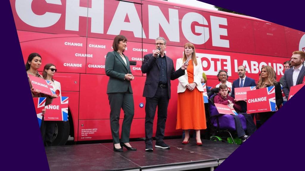 Keir Starmer and Angela Rayner stand in front of a red background with the word 'change' written on it