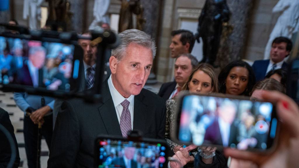 Kevin McCarthy responds to a question from the news media