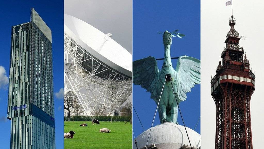Beetham Tower, Lovell Telescope, Liver Bird, Blackpool Tower