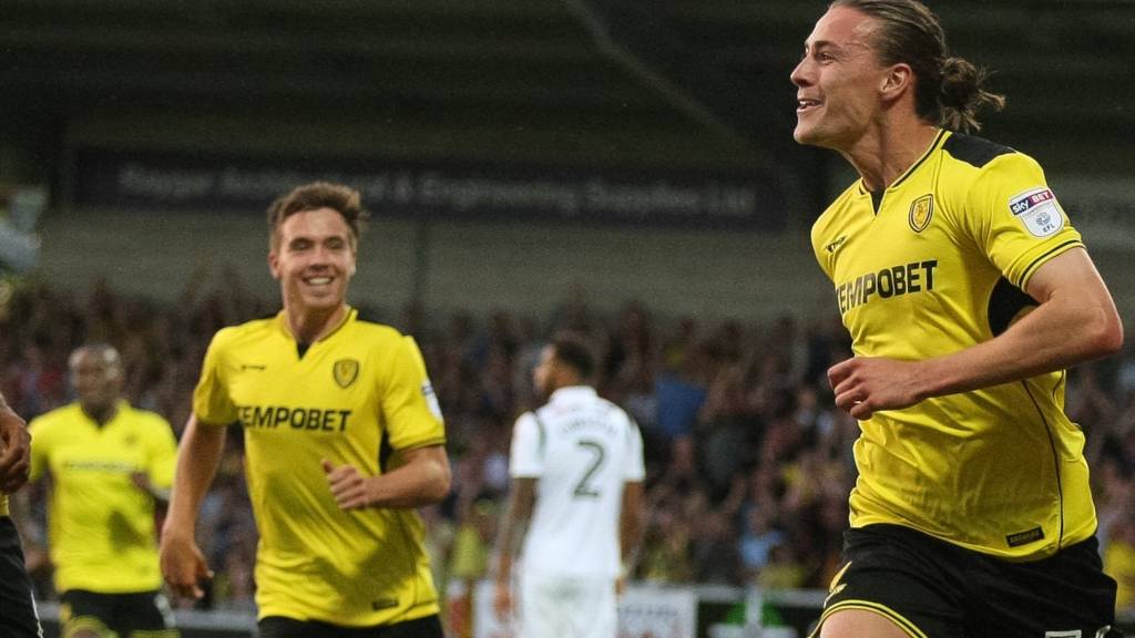 Burton's Jackson Irvine scores against Derby County
