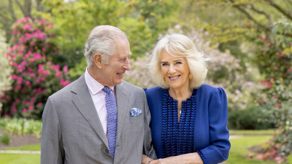 Undated handout photo issued by Buckingham Palace of King Charles III and Queen Camilla, taken by portrait photographer Millie Pilkington, in Buckingham Palace Gardens on April 10