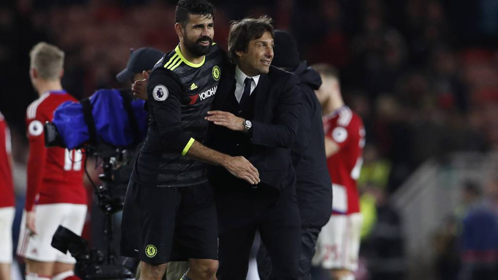 Antonio Conte and Diego Costa celebrate