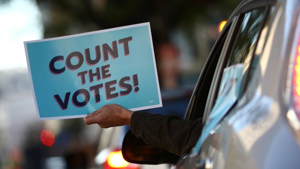 美国华盛顿白宫附近一名司机举起"点算所有选票"标语牌（5/11/2020）