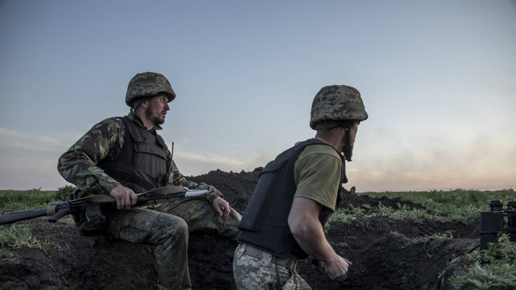 Ukrainian servicemen are seen in the trenches as fighting against Russian troops continues near to the Cherkaske City, on eastern Ukraine