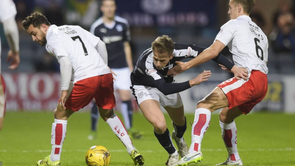 Dundee's Greg Stewart is challenged by Falkirk's Will Vaulks