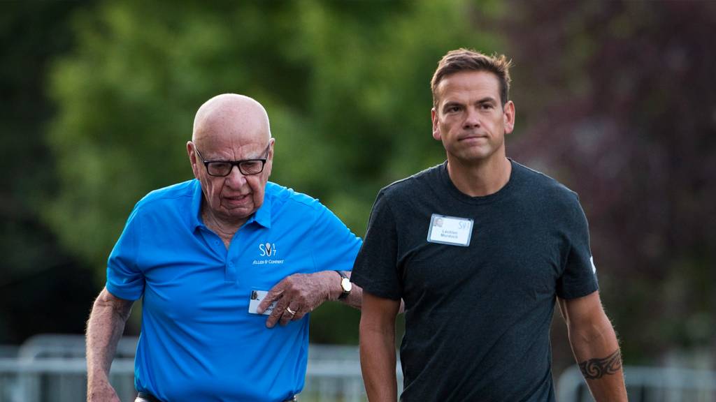 Rupert Murdoch, executive chairman of News Corp and chairman of Fox News, and Lachlan Murdoch, co-chairman of 21st Century Fox, walk together as they arrive on the third day of the annual Allen & Company Sun Valley Conference, 13 July 2017 in Sun Valley, Idaho, US