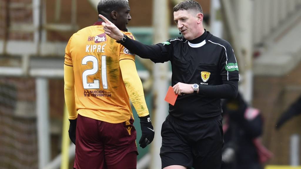 Motherwell defender Cedric Kipre is sent off by referee Craig Thomson