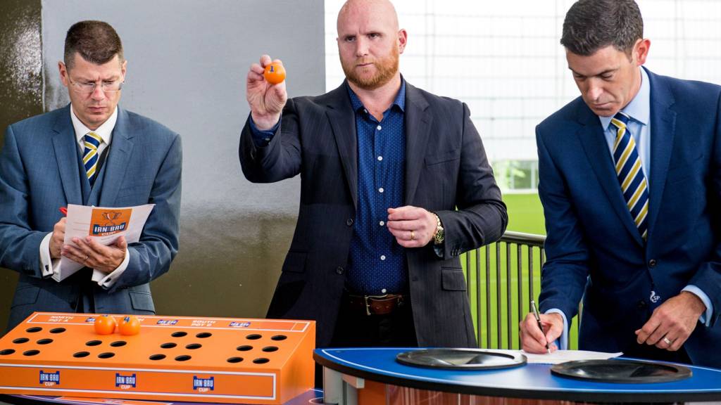 Neil Doncaster, John Hartson and Anton Fagan on hand at the draw for the fourth round of the Irn Bru Cup