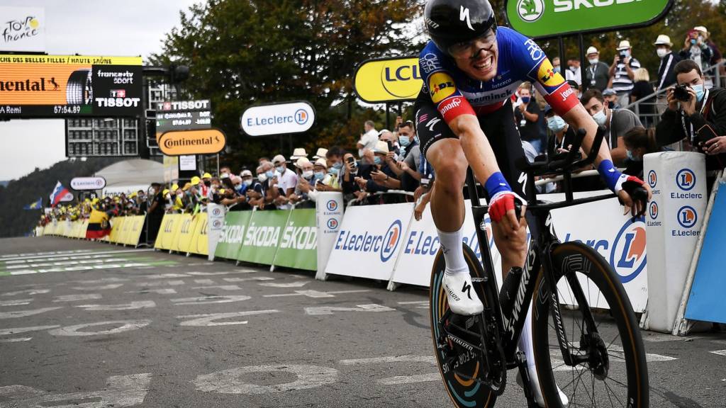 France's Remi Cavagna completes the time trial on stage 20