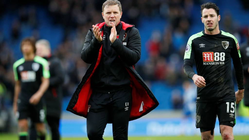 Bournemouth manager Eddie Howe claps his supporters at full-time