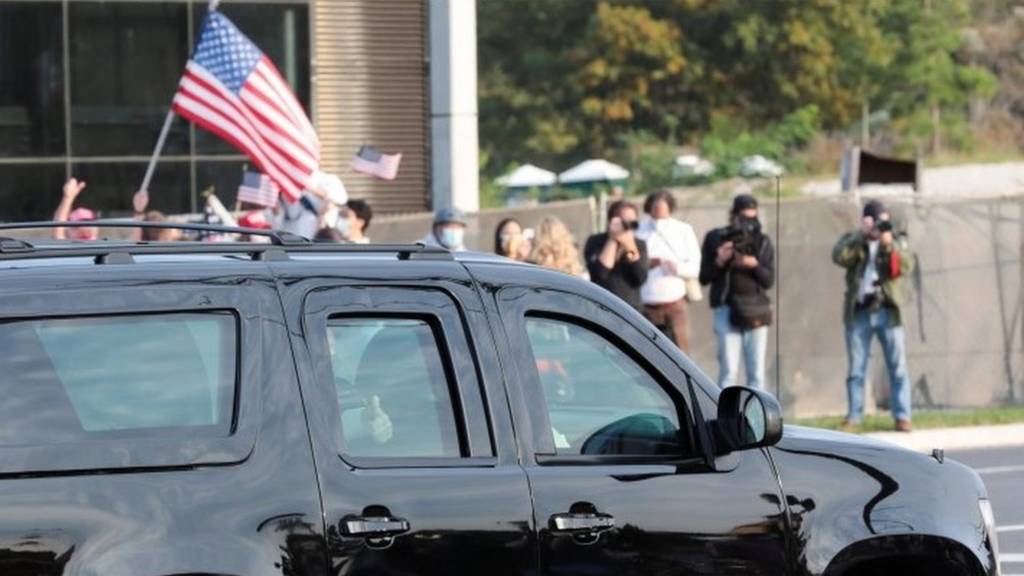 Covid-19: Trump appears outside hospital in surprise drive-past - BBC News