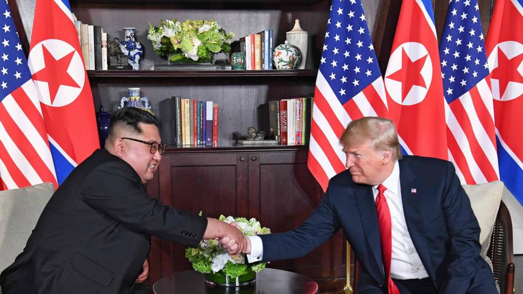 US President Donald Trump shakes hands with North Korea