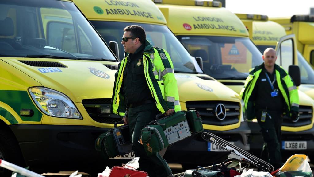 Staff prepare to load equipment into London Ambulance Service vehicles