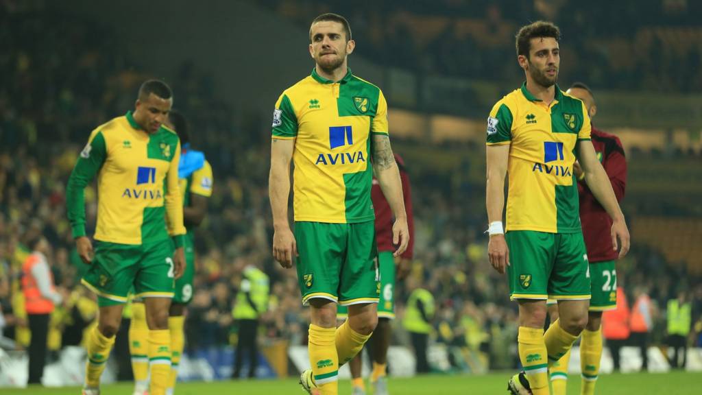 Norwich City players applaud supporters following relegation during the Barclays Premier League match between Norwich City and Watford at Carrow Road