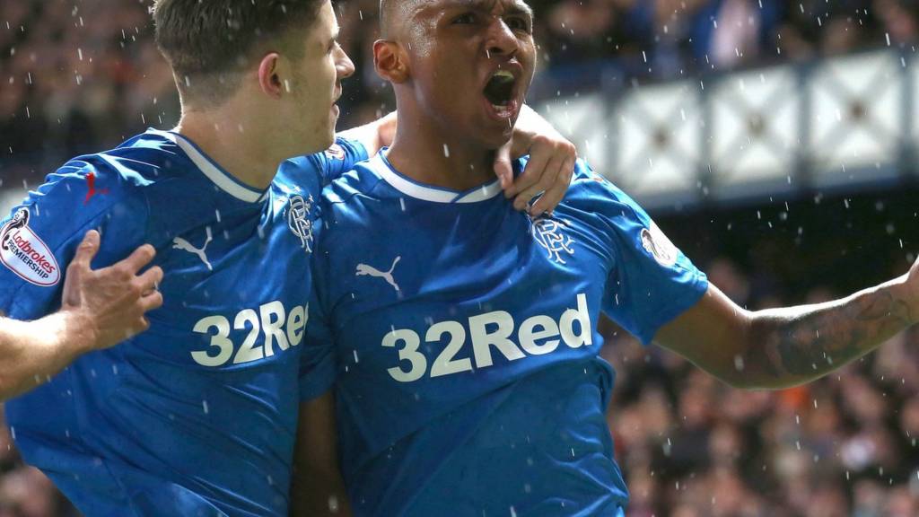 Alfredo Morelos celebrates scoring for Rangers
