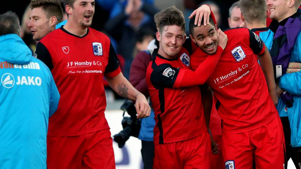Byron Harrison of Barrow celebrates