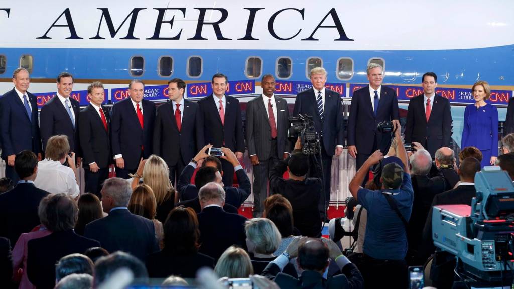Republican U.S. presidential candidates (L-R), U.S. Senator Lindsey Graham, former New York Governor George Pataki, former U.S. Senator Rick Santorum, U.S. Senator Rand Paul, former Arkansas Governor Mike Huckabee, U.S. Senator Marco Rubio, U.S. Senator Ted Cruz, Dr. Ben Carson, businessman Donald Trump, former Florida Governor Jeb Bush, Wisconsin Governor Scott Walker, former CEO Carly Fiorina, Ohio Governor John Kasich and New Jersey Governor Chris Christie pose at the start of the second official Republican presidential candidates debate of the 2016