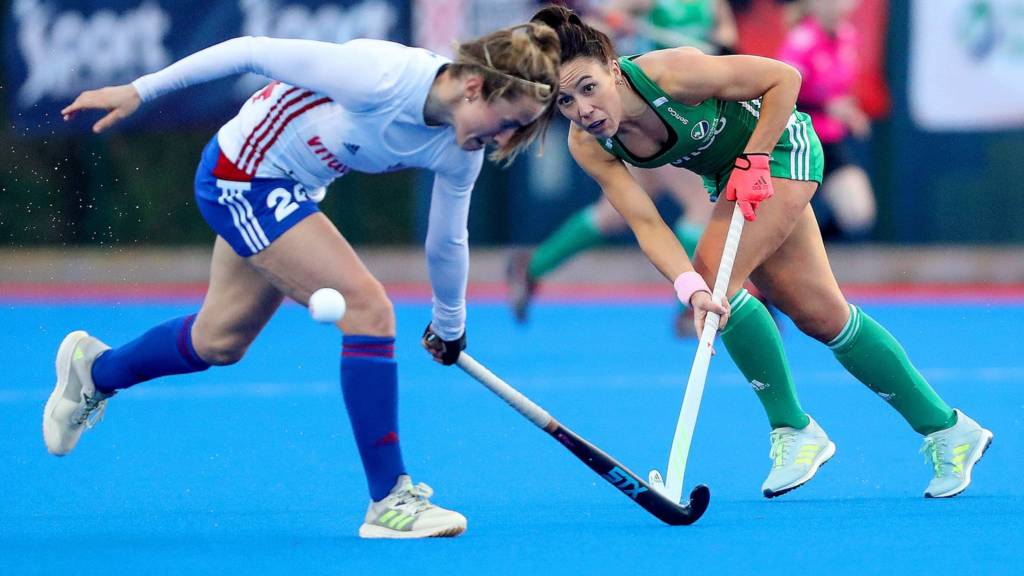 Great Britain's Lily Owsley battles with Ireland's Anna O'Flanagan in Sunday's second game in the Belfast series
