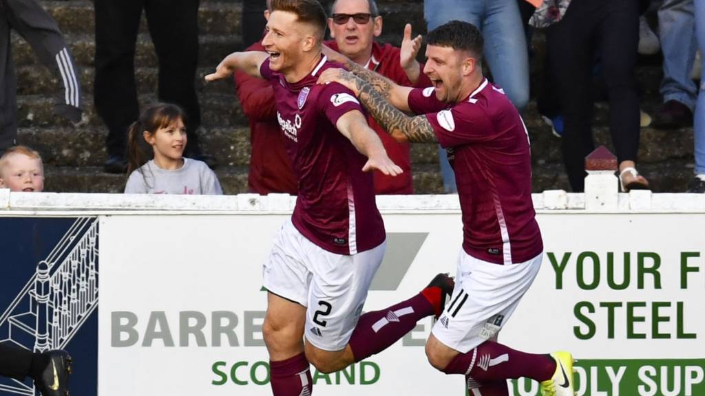 Arbroath's Jason Thomson celebrates with Bobby Linn