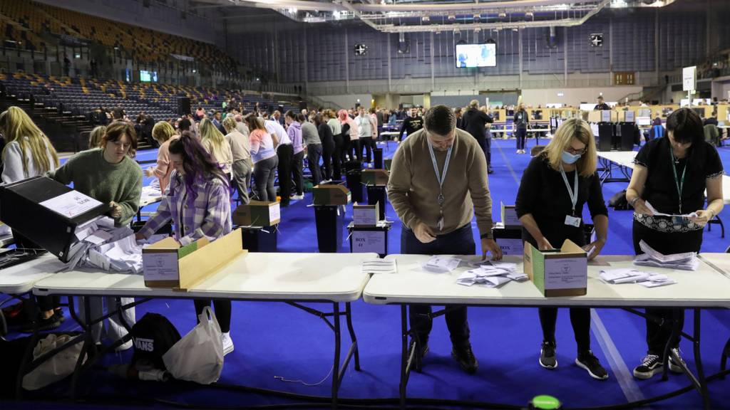 Electoral officers count votes during the local council elections in Glasgow, Scotland 6 May 2022