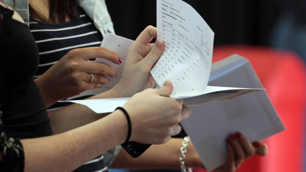 Students looking at their A-level results