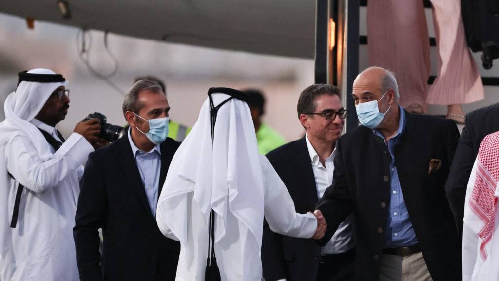 Siamak Namazi, Morad Tahbaz and Emad Shargi, who were released during a prisoner swap deal between U.S. and Iran, arrive at Doha International Airport,