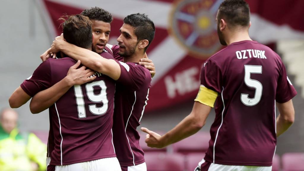 Hearts celebrate their opener at Tynecastle