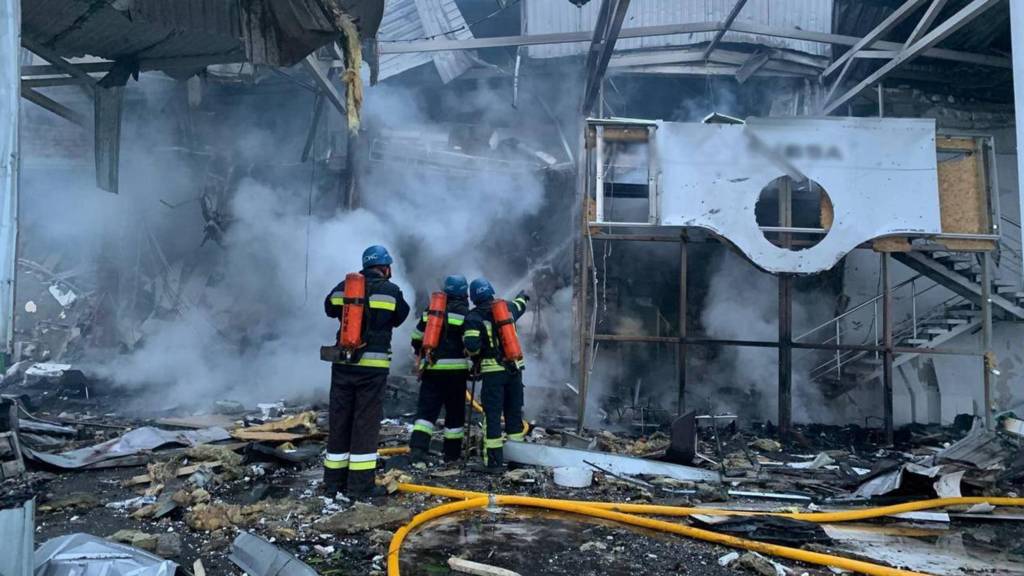 Ukrainian emergency services battle a fire following missile attacks on Zaporizhzhia, Ukraine - 11 Oct 2022