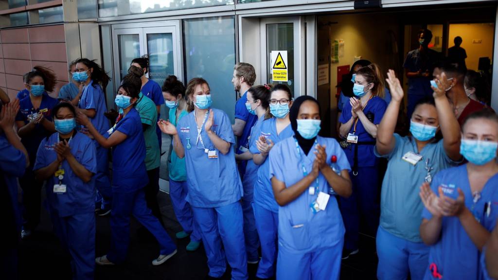 NHS workers at the Royal London Hospital during the last day of the Clap for our Carers campaign (28 May)