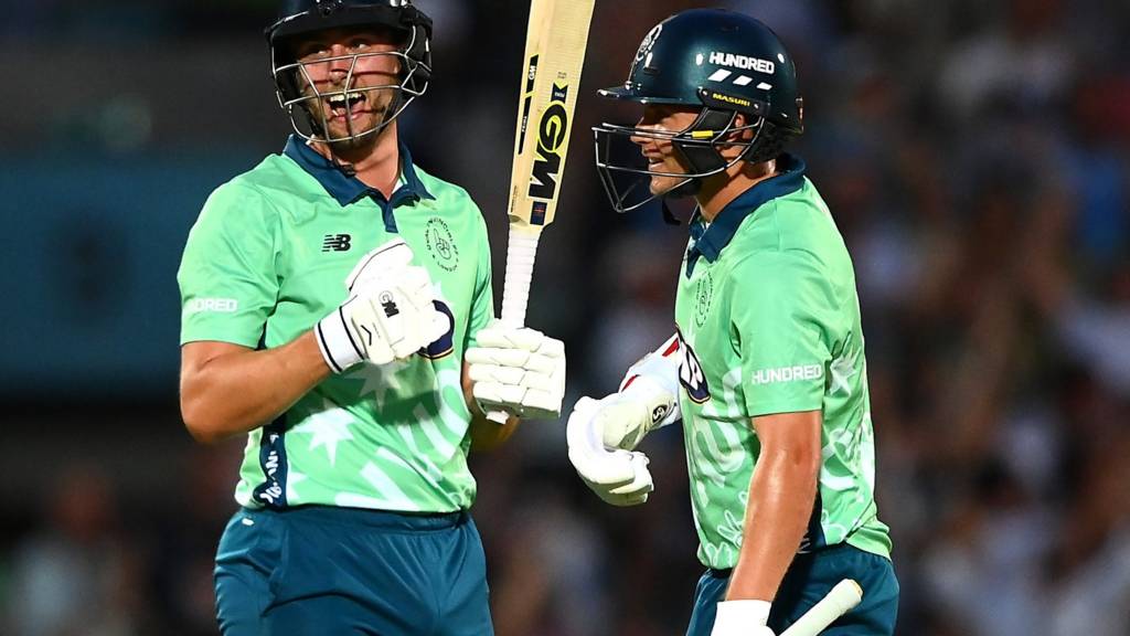 Oval Invincibles batter Will Jacks (left) and Sam Curran (right) celebrate