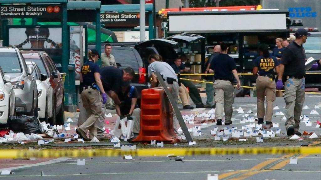 Law Enforcement Officers are seen at the scene of an explosion on West 23rd Street September, 18, 2016 in New York