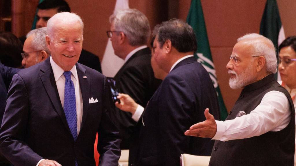 Prime Minister Narendra Modi of India welcomes US President Joe Biden to the opening session during the G20 Leaders' Summit on September 9, 2023 in New Delhi, Delhi.