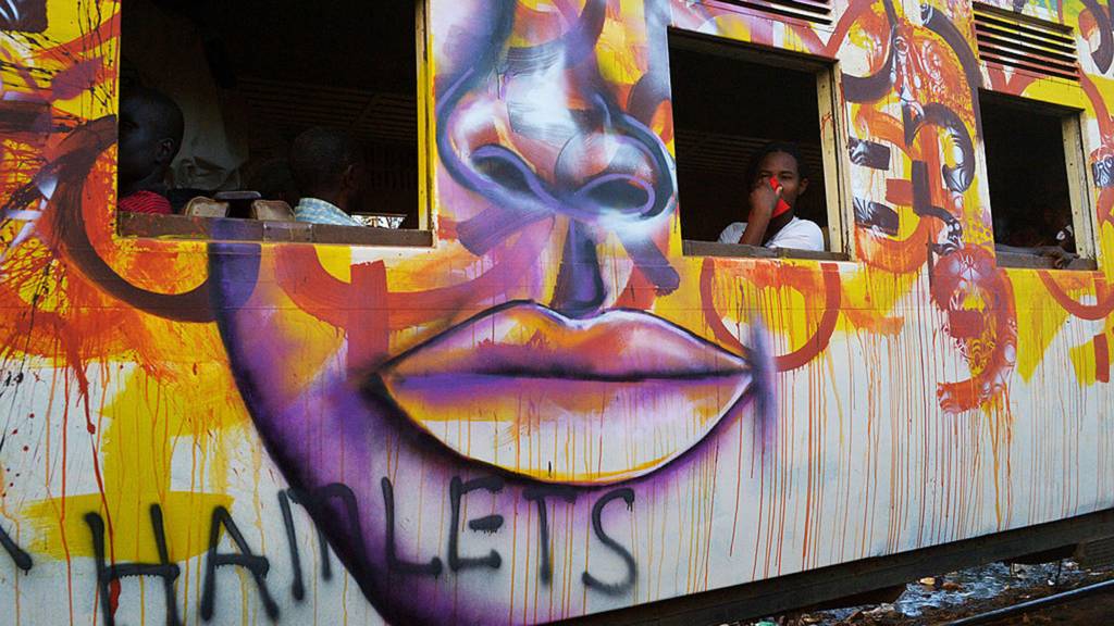 A train painted with graffiti in Kenya