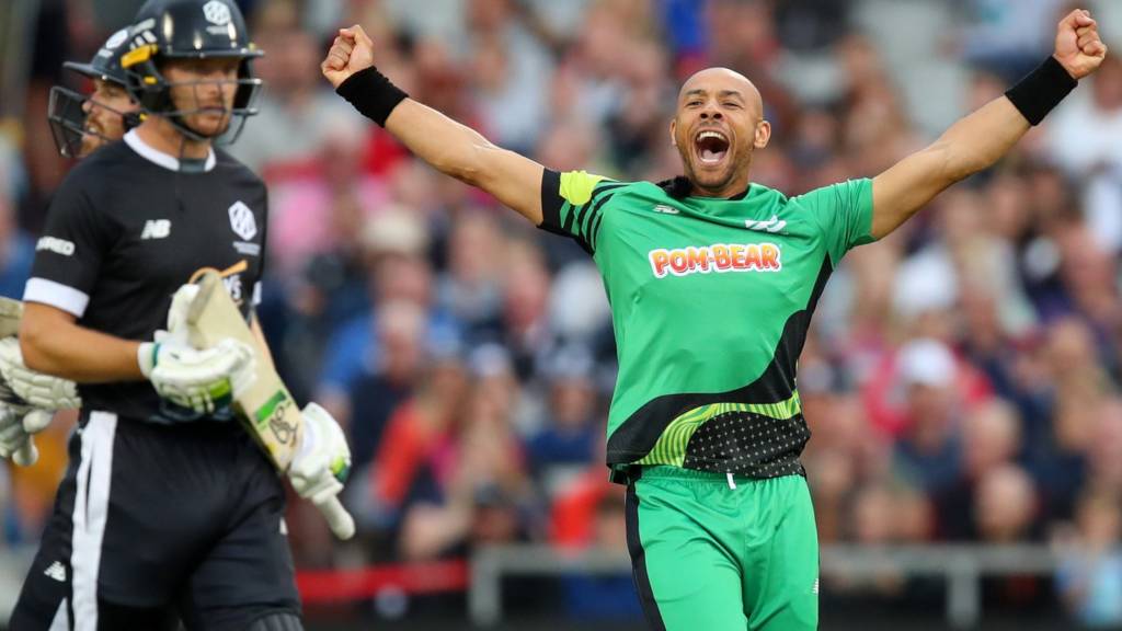 Southern Brave bowler Tymal Mills celebrates taking a wicket