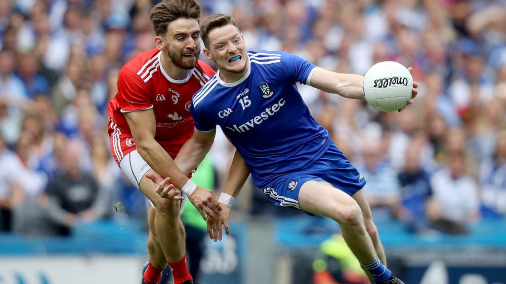 Conor McManus tries to get away from Padraig Hampsey at Croke Park